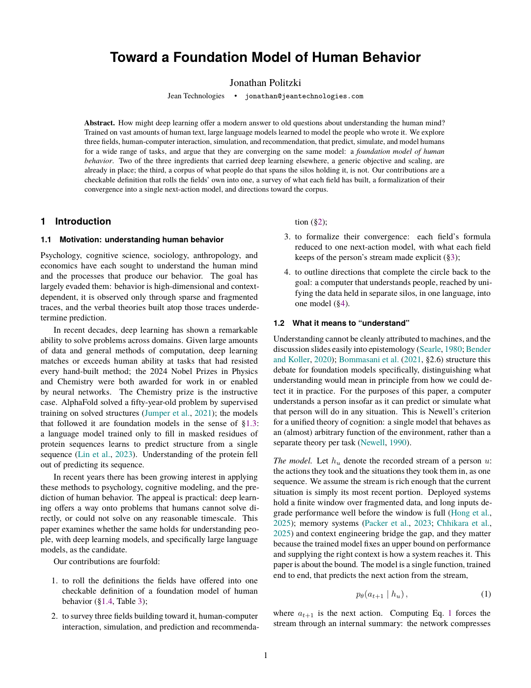 The first page of the paper Toward a Foundation Model of Human Behavior